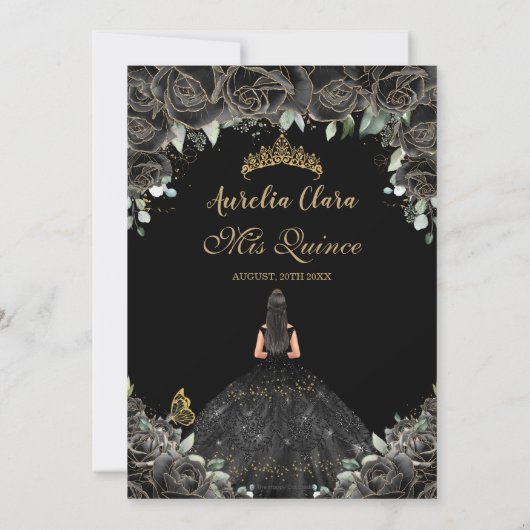 Quinceañera Zwarte Bloemen Meisje Jurk Goud Kaart (Achterkant)