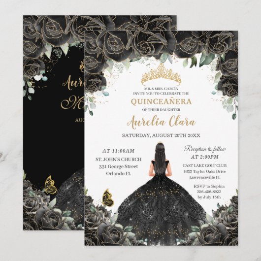 Quinceañera Zwarte Bloemen Meisje Jurk Goud Kaart (Voorkant / Achterkant)
