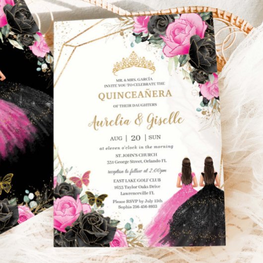Quinceañera Zwarte Fuchsia Bloemrijke Prinses Twee Kaart