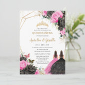 Quinceañera Zwarte Fuchsia Bloemrijke Prinses Twee Kaart (Staand voorkant)