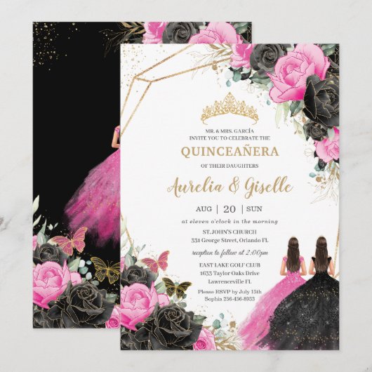 Quinceañera Zwarte Fuchsia Bloemrijke Prinses Twee Kaart (Voorkant / Achterkant)