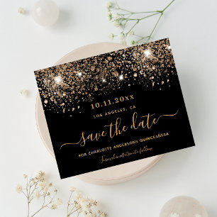 Quinceanera zwarte glitter budget save-the-date flyer