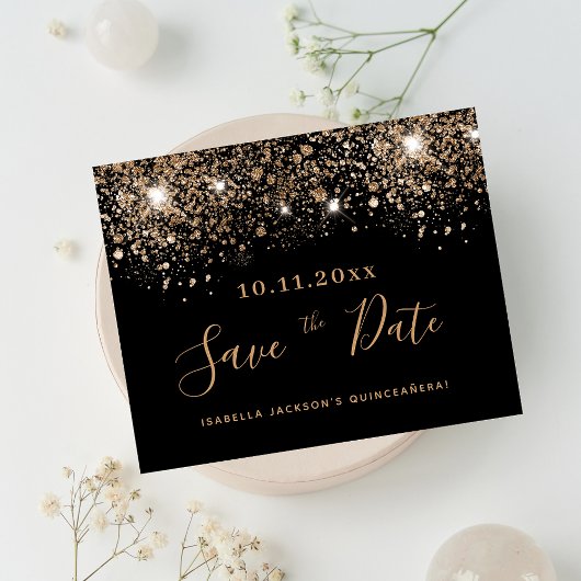 Quinceanera zwarte glitter budget save the date flyer