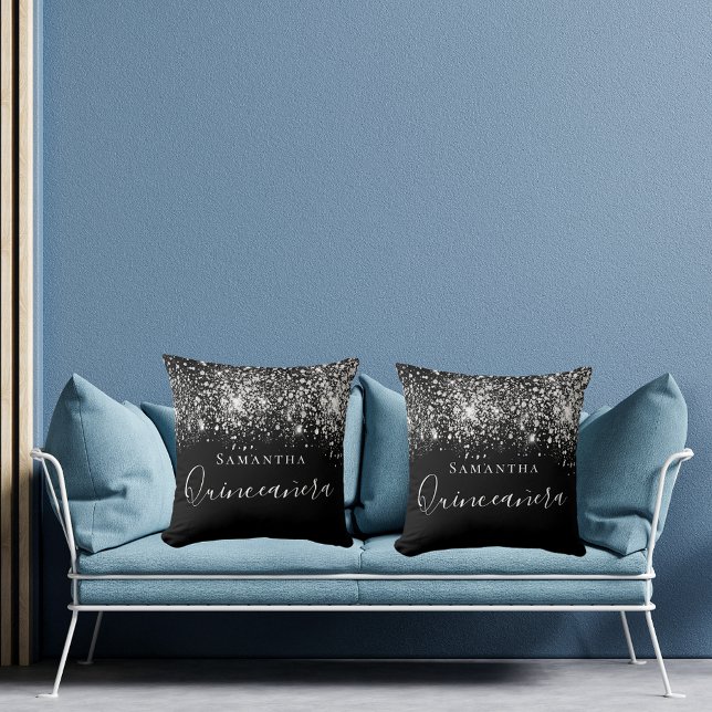 Quinceanera zwarte glitter druppelt zilvermonogram kussen (Creator heeft geüpload)