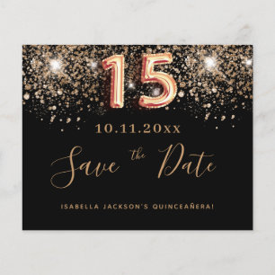 Quinceanera zwarte glitters budget save-the-dateka flyer