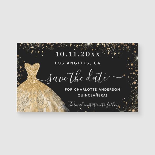 Quinceanera zwarte gouden jurk met de datummagneet (Voorkant)