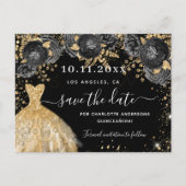 Quinceanera zwarte gouden kledingbloemen, met uitz aankondigingskaart (Voorkant)