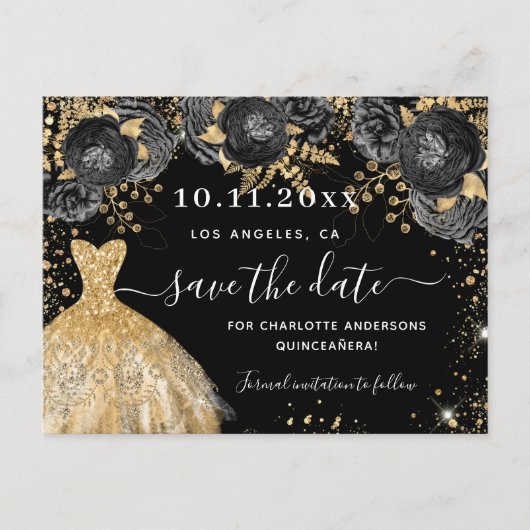 Quinceanera zwarte gouden kledingbloemen, met uitz aankondigingskaart (Voorkant)