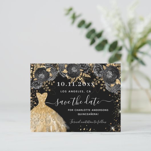 Quinceanera zwarte gouden kledingbloemen, met uitz aankondigingskaart (Staand voorkant)