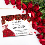 Quinceanera zwarte gouden kledingbloemen, met uitz aankondigingskaart<br><div class="desc">Een meisje en trendy Save the Date Card for a Quinceañera, 15e verjaardagsfeest. Een zwarte achtergrond versierde zwarte rozen, faux gouden glitter sparkles en een gouden jurk. Pas een datum en een naam/leeftijd aan en voeg deze toe. De tekst: Sparen de Datum wordt geschreven met een groot trendy hand lettered...</div>