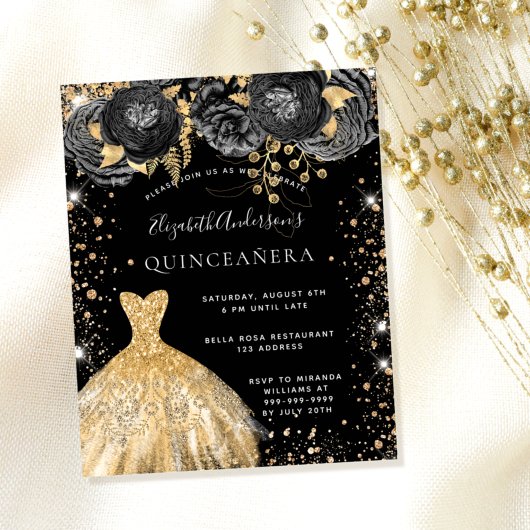 Quinceanera zwarte goudjurk, bloemuitnodiging flyer
