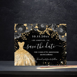 Quinceanera zwarte goudjurk, sparen de datum flyer