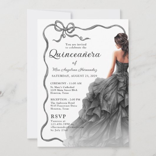 Quinceañera zwarte jurk geschulpte lint boog foto kaart (Voorkant)
