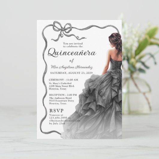 Quinceañera zwarte jurk geschulpte lint boog foto kaart (Staand voorkant)