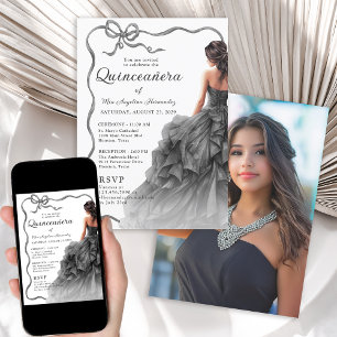 Quinceañera zwarte jurk geschulpte lint boog foto kaart