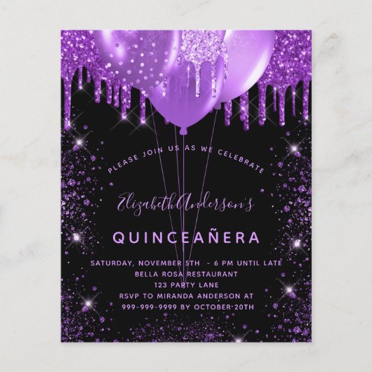 Quinceanera zwarte paarse glitter budget uitnodigi flyer (Voorkant)