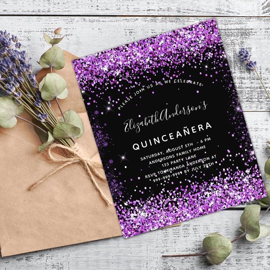 Quinceanera zwarte paarse glitter budget uitnodigi flyer