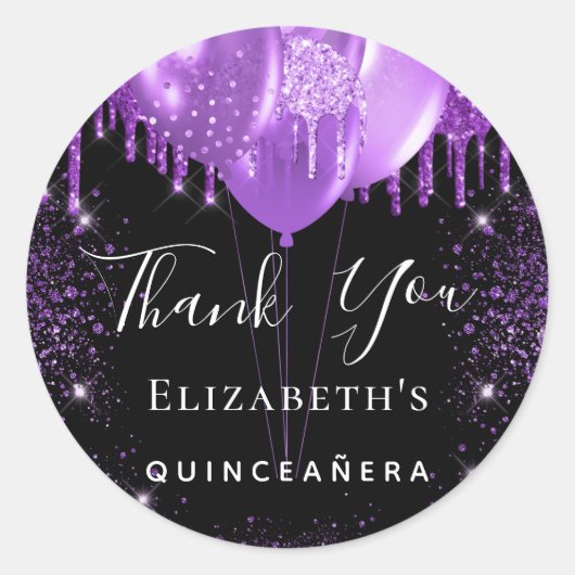 Quinceanera zwarte paarse glitter naam bedankt ronde sticker (Voorkant)