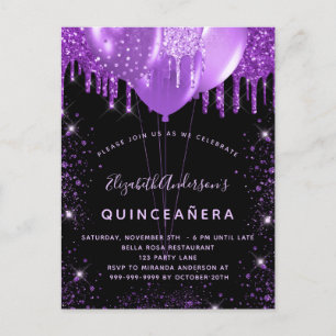 Quinceanera zwarte paarse glitterballonnen uitnodiging briefkaart
