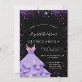 Quinceanera zwarte paarse glitterjurk kaart (Voorkant)