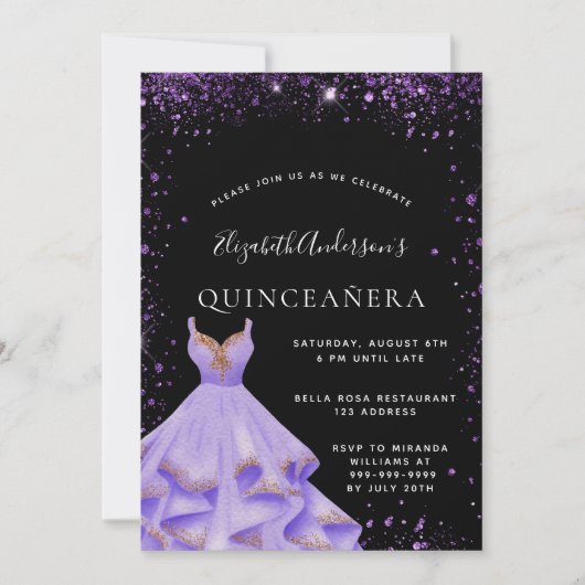 Quinceanera zwarte paarse glitterjurk kaart (Voorkant)