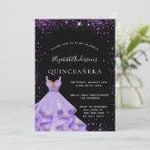 Quinceanera zwarte paarse glitterjurk kaart (Staand voorkant)