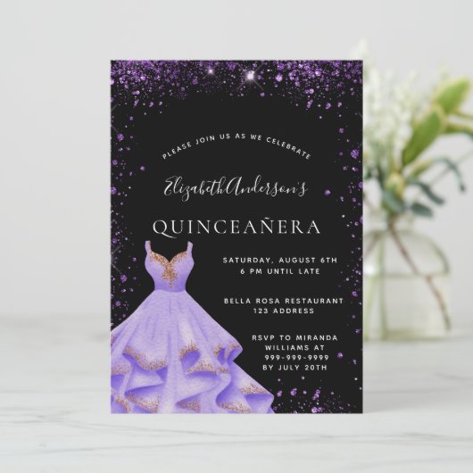 Quinceanera zwarte paarse glitterjurk kaart (Staand voorkant)