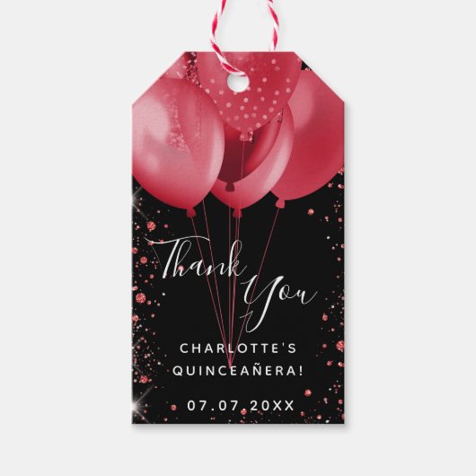 Quinceanera zwarte rode ballonnen bedankt cadeaulabel (Voorkant)
