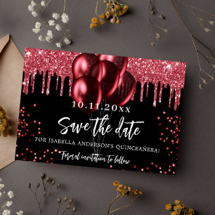 Quinceanera zwarte rode ballonnen glitter save the date