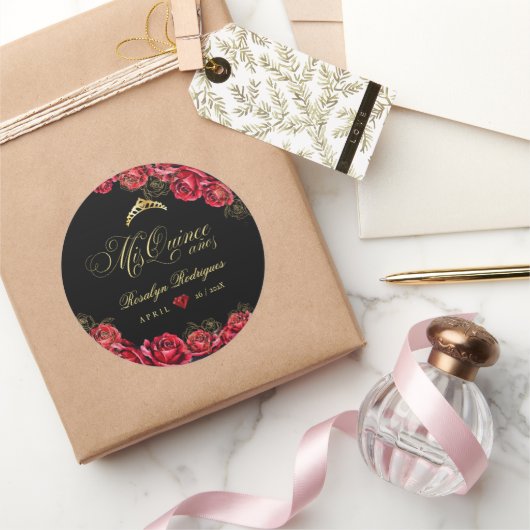 Quinceanera - zwarte rode diamant ronde sticker (Geschenken)