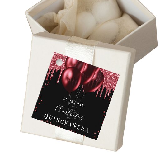 Quinceanera zwarte rode glitters ballonnen bedankjes labels