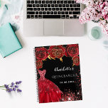 Quinceanera zwarte rode jurk bloemen 2025 planner<br><div class="desc">Een stijlvolle zwarte achtergrond versierd met rode bloemen,  sparkles en een rode jurk. Personaliseren en toevoegen naam,  leeftijd en datum.</div>
