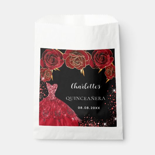 Quinceanera zwarte rode jurk bloemen bedankzakje (Voorkant)