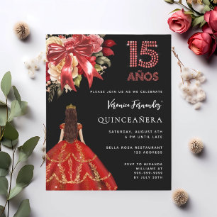 Quinceanera zwarte rode jurk boog bloemen uitnodig