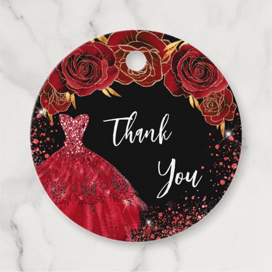 Quinceanera zwarte rode jurk dank u bedankjes labels (Voorkant)