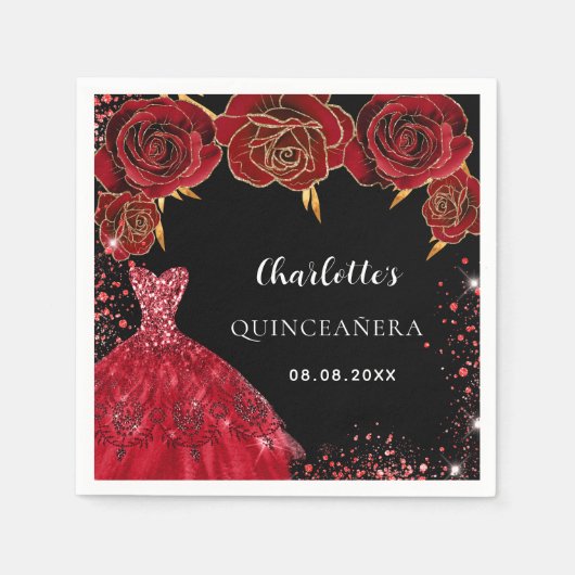 Quinceanera zwarte rode jurk rozen servet (Voorkant)