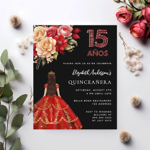 Quinceanera zwarte rode jurk rozen uitnodiging
