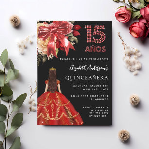 Quinceanera zwarte rode jurk strik bloemen kaart