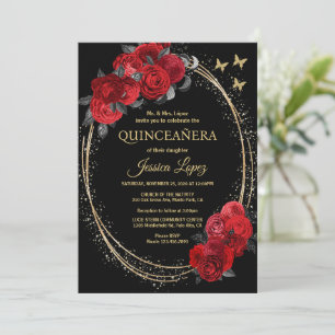 Quinceanera Zwarte Rode Rozen Bloemen Gouden Vlind Kaart