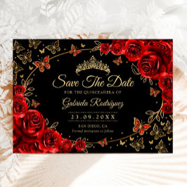 Quinceanera Zwarte Rode Rozen Goud Save The Date