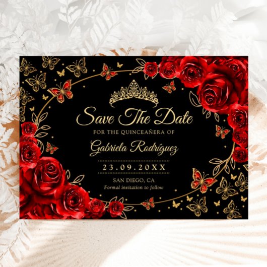 Quinceanera Zwarte Rode Rozen Goud Save The Date
