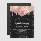 Quinceanera zwarte roos gouden ballons glitter lux magnetische uitnodiging (Voorkant / Achterkant)