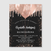 Quinceanera zwarte roos gouden ballons glitter lux magnetische uitnodiging (Voorkant)
