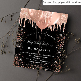 Quinceanera zwarte roos gouden budget uitnodiging flyer