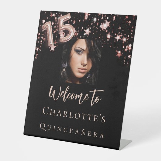 Quinceanera zwarte roos gouden fotosterren welkom reclamebord met voetstuk (Voorkant)