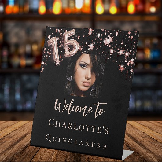 Quinceanera zwarte roos gouden fotosterren welkom reclamebord met voetstuk
