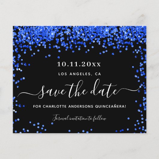 Quinceanera zwarte royal blue budget, behalve datu flyer (Voorkant)
