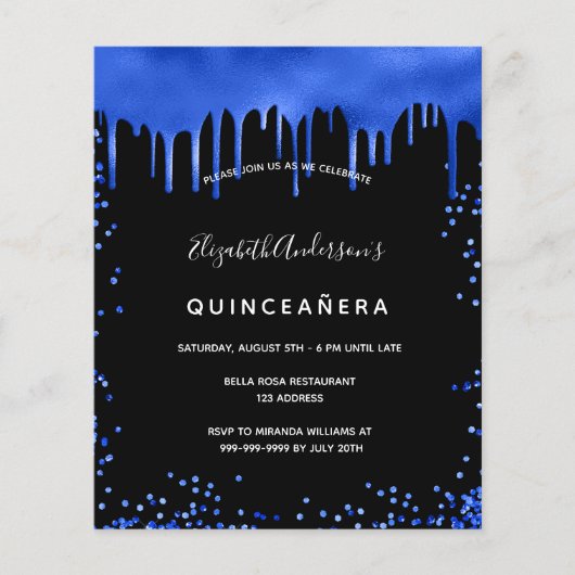 Quinceanera zwarte royal blue budget uitnodiging flyer (Voorkant)