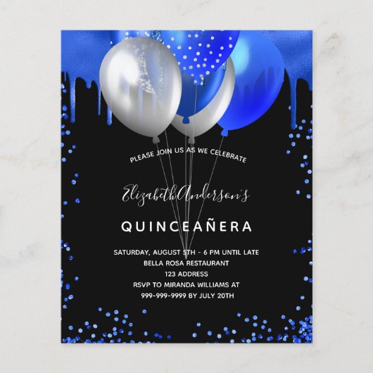Quinceanera zwarte royal blue budget uitnodiging flyer (Voorkant)