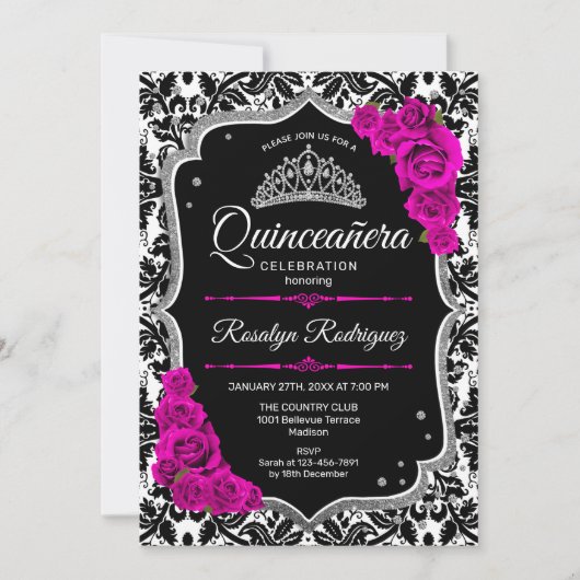 Quinceanera - Zwarte roze zilver Kaart (Voorkant)